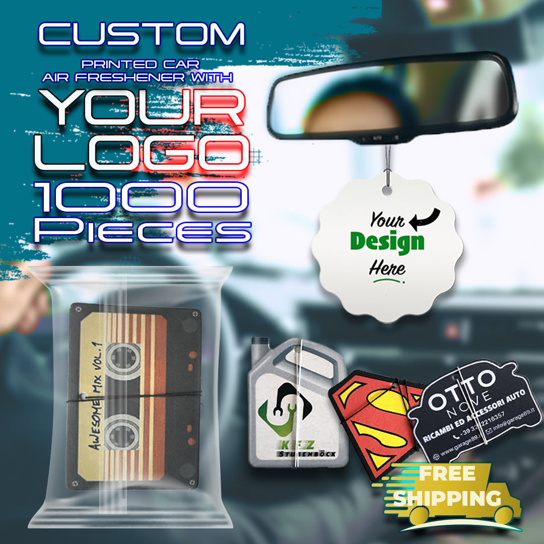 Custom car air freshener with Aroma Cruiser logo, designed for bulk orders and brand promotion