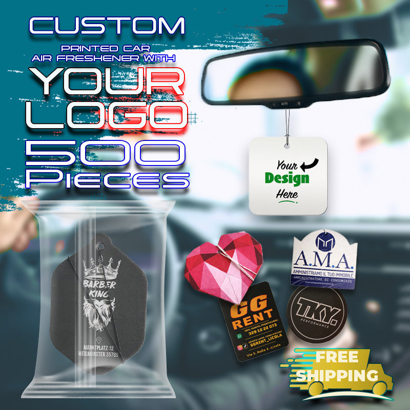 500 custom car air fresheners with personalized logo, double-sided printing, ideal for businesses like detailers, car washes, and trade shows.