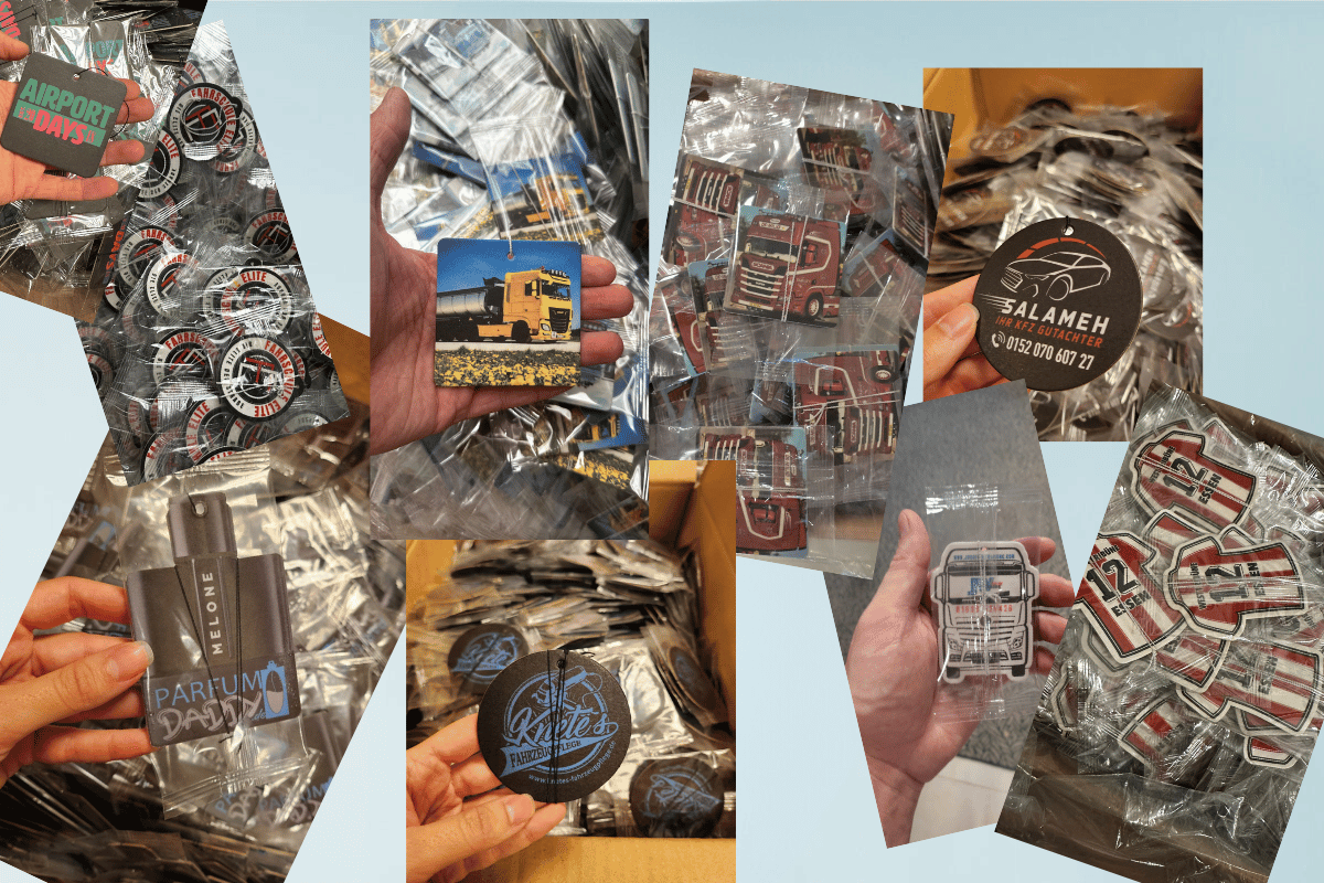 Various custom air fresheners with different designs, including logos and images for businesses, showcased in hand and packaging. Ideal for brand promotion and visibility