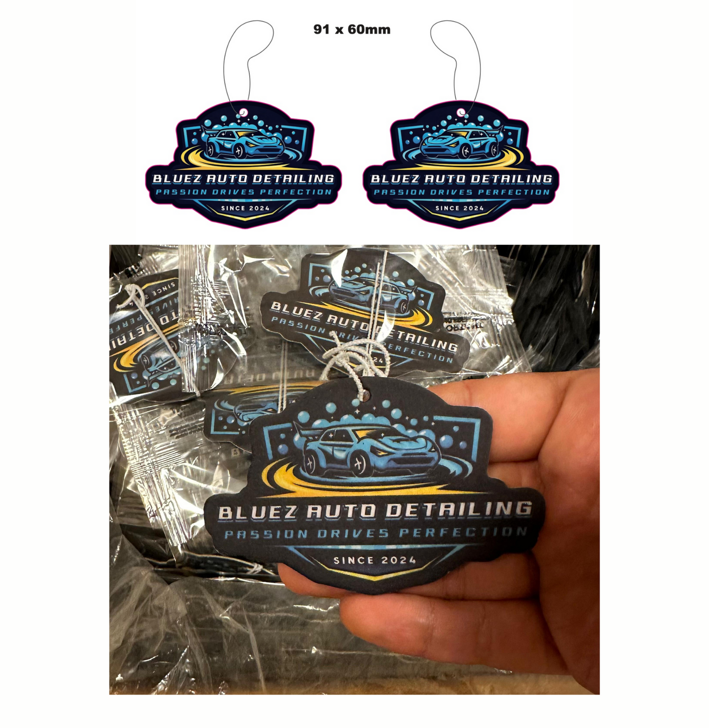 Custom round air freshener with Aroma Cruiser logo, ideal for bulk orders and brand promotion in vehicles