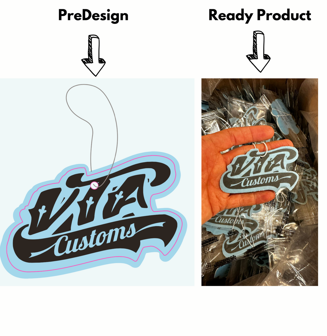 Comparison of a custom car air freshener design and the finished product, showcasing high-quality branding with ‘Vita Customs’ logo.