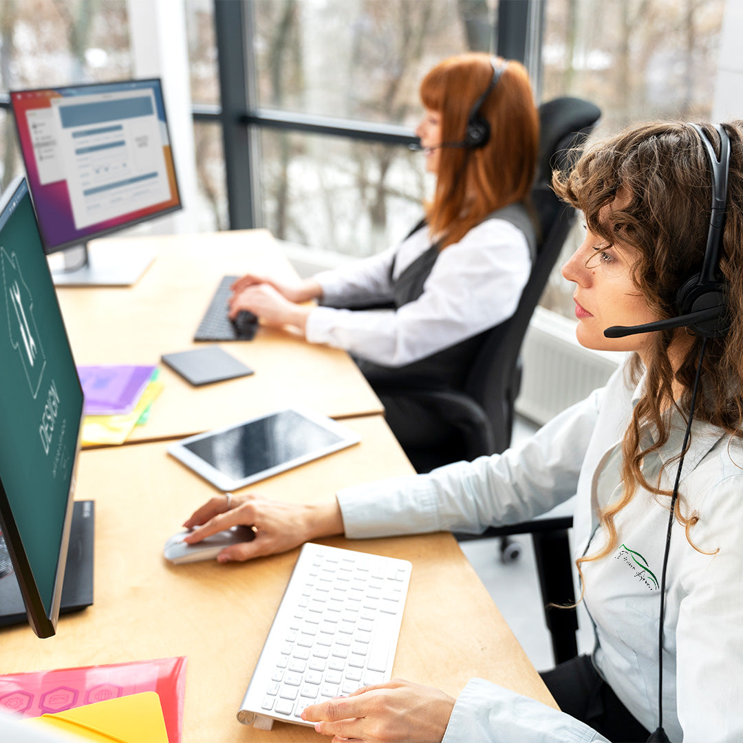 Two customer service representatives wearing headsets, working at their desks with computers, providing support and assistance for Aroma Cruiser customers