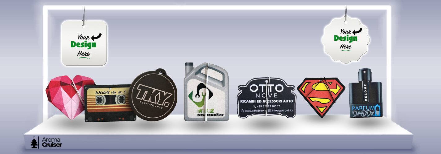 Custom car air fresheners with unique designs and logos by Aroma Cruiser, showcasing various styles and promotional branding options.