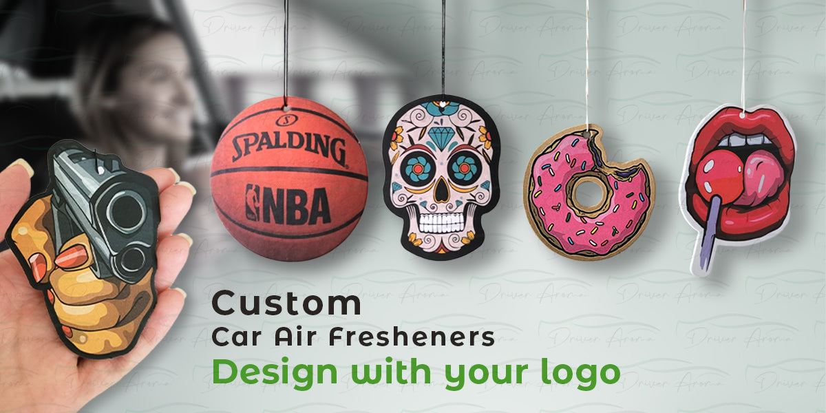 Custom car air fresheners featuring unique designs, including a hand holding a gun, an NBA basketball, a sugar skull, a donut, and lips with a lollipop, with the tagline 'Design with your logo